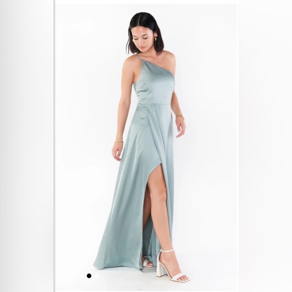 Show me Your Mumu Shannon One Shoulder Dress Silver Sage Luxe Satin Sz S NWT - Picture 3 of 12